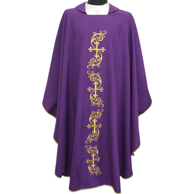 Catholic priest chasuble with gold-colored Crosses embroidery purple