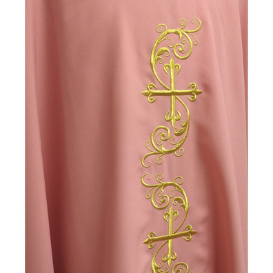 Catholic priest chasuble with gold-colored Crosses embroidery pink