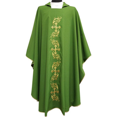 Catholic priest chasuble with gold-colored Crosses embroidery green