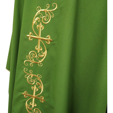 Catholic priest chasuble with gold-colored Crosses embroidery green