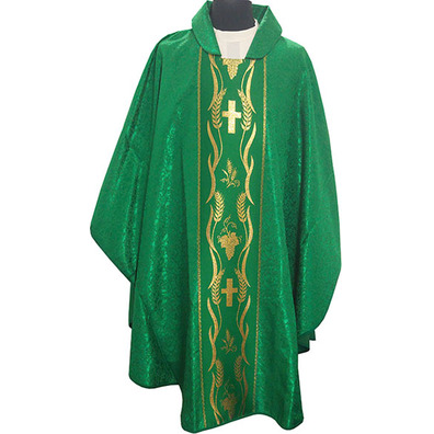 Damask chasuble with green gold central braid