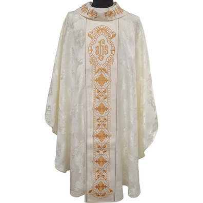 Chasuble and stole in damask fabric with golden embroidery beige