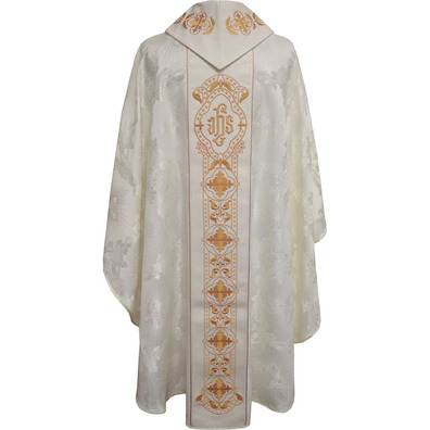 Chasuble and stole in damask fabric with golden embroidery beige