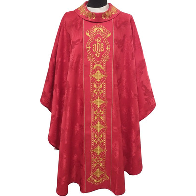 Chasuble and stole in damask fabric with golden embroidery red