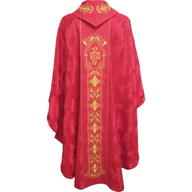 Chasuble and stole in damask fabric with golden embroidery red